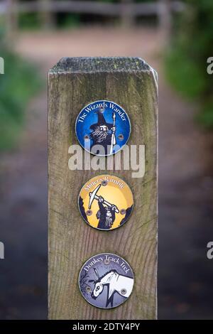 Diversi cartelli Trail Route presso Alderley Edge, Alderley Edge, Cheshire, Inghilterra, Regno Unito Foto Stock