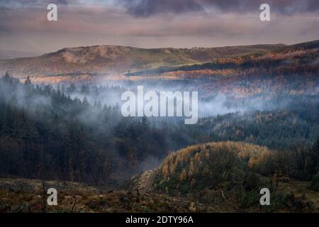 La mattina presto la nebbia di eliminazione dal naso di Toves e Macclesfield Forest, vicino a Macclesfield, Cheshire, Inghilterra, Regno Unito Foto Stock