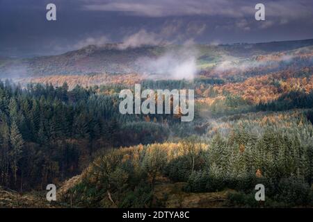 La rimozione della nebbia mattutina dal naso di Tegg e dalla Macclesfield Forest, vicino a Macclesfield, Cheshire, Inghilterra, Regno Unito Foto Stock