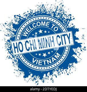 Francobollo rotondo in gomma con il nome della città ho Chi Minh e stelle, isolato su bianco Illustrazione Vettoriale