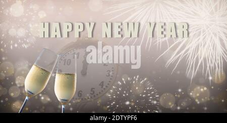 Happy New Year's card con due bicchieri di champagne su uno sfondo morbido con orologio, luci offuscate e fuochi d'artificio. Foto Stock
