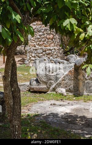 Scalini di pietra e teste di serpente piume sulla piramide di Osario (Tempio dell'Alto sacerdote), Chichen Itza, città maya e sito archeologico, Yucatan, Messico Foto Stock