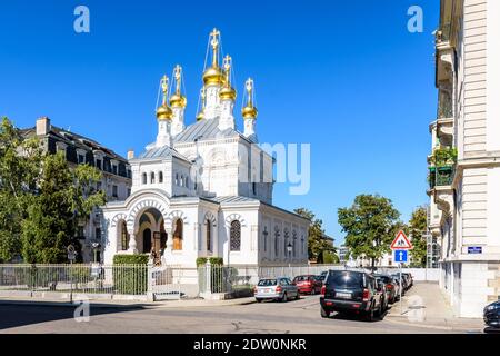 La Chiesa russa di Ginevra, chiamata Cattedrale dell'Esaltazione della Santa Croce. Foto Stock