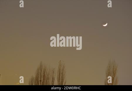 Bursa cielo durante la notte della nebbia. Luna di Crescent e alberi. Luci osservate dalla montagna di ulu (uluda) piede di montagna. Foto Stock