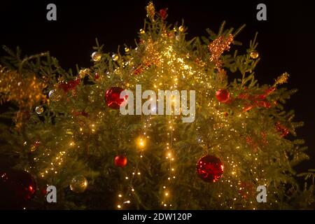 Un tiro ad angolo basso di un albero di Natale con decorazioni Foto Stock