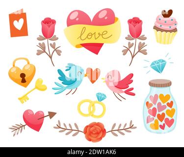 Set di elementi carini per San Valentino. Cuori, fiori, uccelli e molto altro. Illustrazione vettoriale per il progetto. Illustrazione Vettoriale