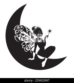 silhouette fata con ali e bacchetta magica sulla luna, in bianco e nero, disegno a mano in stile cartoon per t-shirt indossare moda stampa design, gree Illustrazione Vettoriale