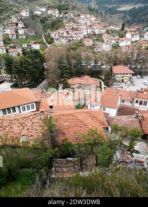 Una foto in scala di grigi della città di Goynuk, Turchia catturata durante il giorno Foto Stock