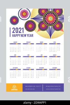 Semplice layout del calendario per 2021 anni. Calendario di una pagina Illustrazione Vettoriale