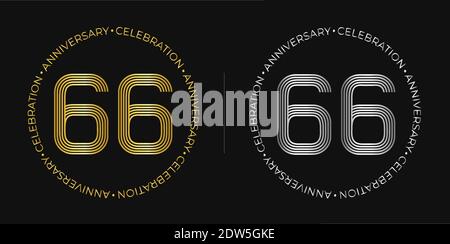66° compleanno. Banner festeggiamenti per sessantasei anni in colori oro e argento. Logo circolare con design originale Numbers. Illustrazione Vettoriale