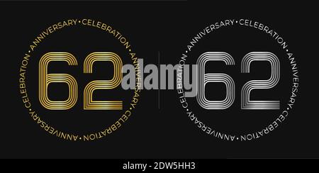 62° compleanno. Banner festeggiamenti per sessantadue anni in colori oro e argento. Logo circolare con design originale Numbers in linee eleganti Illustrazione Vettoriale