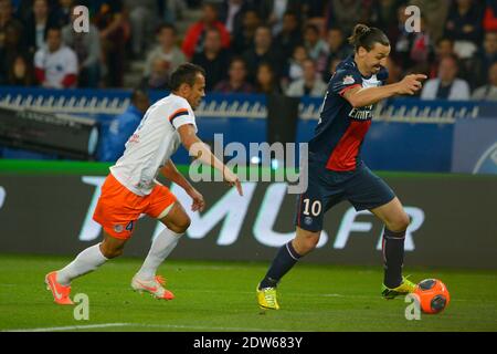 Zlatan Ibrahimovic di PSG- combattendo il Vitorino Hilton di Montpellier durante la partita di calcio della Francia League 1, PSG vs Montpellier a Parigi, Francia, il 17 maggio 2014. PSG ha vinto 4-0. Foto di Henri Szwarc/ABACAPRESS.COM Foto Stock