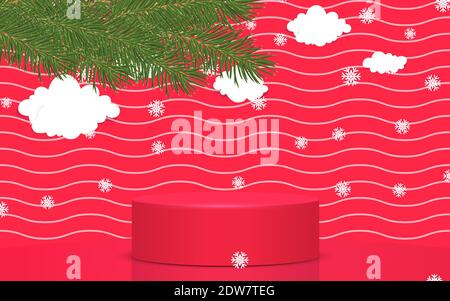 podio rosso con albero di natale in studio rosso Illustrazione Vettoriale