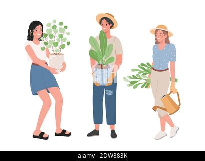 Set di persone sorridenti felici che tengono vasi con piante verdi vettore piatto illustrazione isolato su sfondo bianco. Uomo e donne con piante domestiche e annaffiatura può. Il concetto di hobby di giardinaggio. Illustrazione Vettoriale