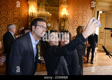 Laurence Roustandjee, Thierry Freret, Anais Baydemir arrivo al Quai d'Orsay a Parigi, Francia il 3 giugno 2014. Il ministro francese degli Affari esteri Laurent Fabius ha ricevuto per colazione gli ancoratori e le donne per la televisione per parlare del cambiamento climatico. Foto di Ammar Abd Rabbo/ABACAPRESS.COM Foto Stock