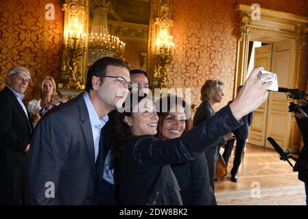 Laurence Roustandjee, Thierry Freret, Anais Baydemir arrivo al Quai d'Orsay a Parigi, Francia il 3 giugno 2014. Il ministro francese degli Affari esteri Laurent Fabius ha ricevuto per colazione gli ancoratori e le donne per la televisione per parlare del cambiamento climatico. Foto di Ammar Abd Rabbo/ABACAPRESS.COM Foto Stock