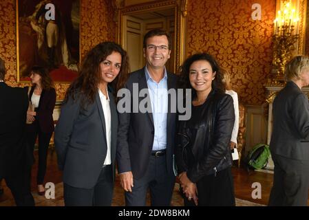 Laurence Roustandjee, Thierry Freret, Anais Baydemir arrivo al Quai d'Orsay a Parigi, Francia il 3 giugno 2014. Il ministro francese degli Affari esteri Laurent Fabius ha ricevuto per colazione gli ancoratori e le donne per la televisione per parlare del cambiamento climatico. Foto di Ammar Abd Rabbo/ABACAPRESS.COM Foto Stock