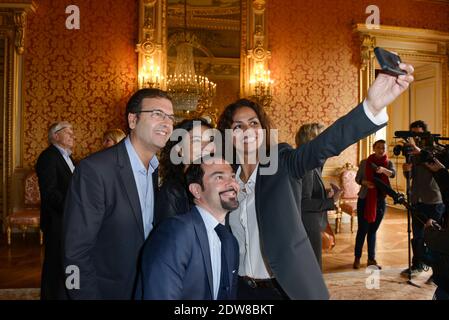 Laurence Roustandjee, Thierry Freret, Anais Baydemir arrivo al Quai d'Orsay a Parigi, Francia il 3 giugno 2014. Il ministro francese degli Affari esteri Laurent Fabius ha ricevuto per colazione gli ancoratori e le donne per la televisione per parlare del cambiamento climatico. Foto di Ammar Abd Rabbo/ABACAPRESS.COM Foto Stock