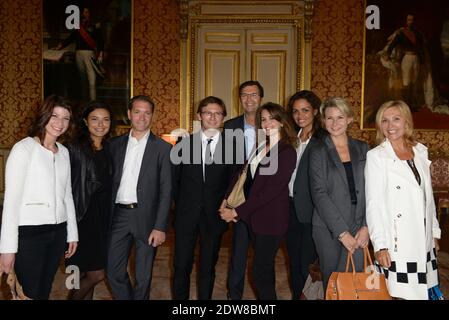 Laurence Roustonjee, Thierry Freret, Anais Baydemir, Fanny Agostini, Joel Collado, Philippe Verdier, Evelyne Dhelia, Laurent Romejko, Joel Collado, Nathalie Rihoouet, Fabienne Amiach che arrivano al Quai d'Orsay a Parigi, Francia il 3 giugno 2014. Il ministro francese degli Affari esteri Laurent Fabius ha ricevuto per colazione gli ancoratori e le donne per la televisione per parlare del cambiamento climatico. Foto di Ammar Abd Rabbo/ABACAPRESS.COM Foto Stock