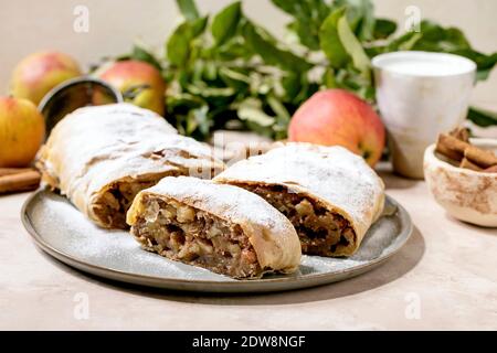 Strudel di mele classico affettato in casa con zucchero a velo su piatto di ceramica con mele fresche, foglie verdi e bastoncini di cannella sopra. Foto Stock