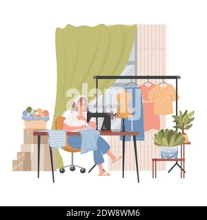 Sarto o dressmaker cucire i vestiti su macchina da cucire vettore illustrazione piatta. Laboratorio di cucito interno o concetto di hobby di cucito. Diversi vestiti casual, piante domestiche in pentole, e matasse di filato. Illustrazione Vettoriale