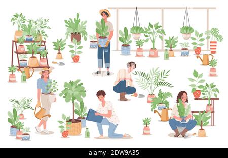 Gruppo di giovani felici che si prendono cura di piante casa vettore flat illustrazione. Uomini e donne in abiti casual innaffiando fiori, piante in crescita in pentole. Agricoltura giardiniere hobby concetto. Illustrazione Vettoriale