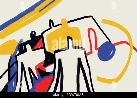 Colorato astratto neoplasticismo e cubismo stile d'arte. Pittura con colore primario in stile Mondriano con persone astratte. Arte moderna per la stampa e wal Foto Stock