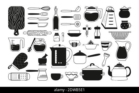 Set monocromatico utensili da cucina. Cucina moderna cottura a cartoni animati piatti, attrezzature. Collezione di utensili neri, bianco nero. Tazza per piatti, teiera, grattugia. Preparazione degli alimenti. Illustrazione vettoriale Illustrazione Vettoriale