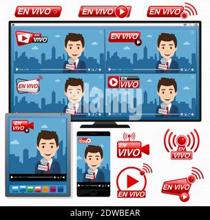 SET icone ROSSE EN VIVO - STREAMING VIDEO IN LINGUA spagnola - su finestre video con giornalista che riporta le notizie su un computer, tablet Illustrazione Vettoriale