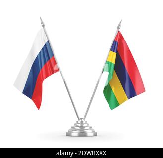 Mauritius e Russia bandiere di tabella isolate su rendering 3D bianco Foto Stock