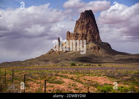 Uno dei primi monumenti visti nella Monument Valley. La composizione ha equilibrio con la recinzione in primo piano. Eccezionale illuminazione direzionale Foto Stock