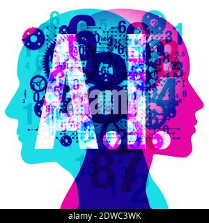 Un profilo laterale femmina e maschio sovrapposto a vari ingranaggi macchina semitrasparenti, numeri, forme di schede a circuito stampato e la grande parola A.I. Foto Stock