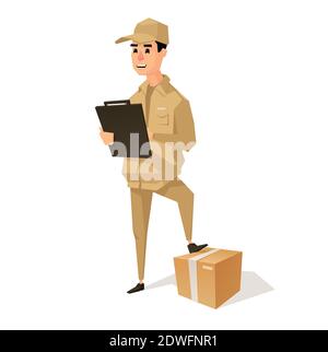 Corriere rapido. Giovane sorridente con pacco e portadocumenti in mano. Carattere stile cartoon, illustrazione vettoriale piatta. Isolato su wh Illustrazione Vettoriale