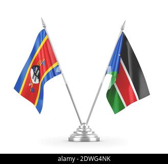 Sud Sudan e Eswatini Swaziland bandiere da tavola isolate su bianco Rendering 3D Foto Stock