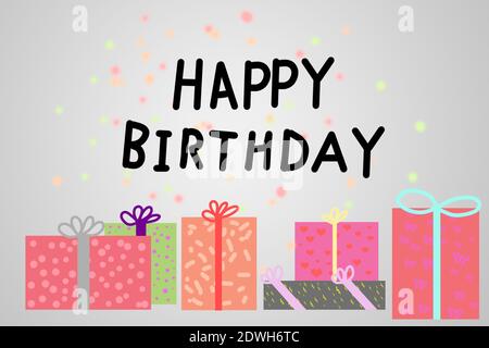 Buon compleanno, biglietto d'auguri, confezioni regalo e confetti colorati. Foto Stock
