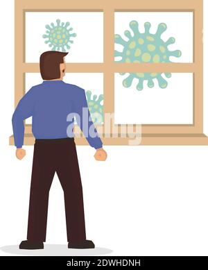 Uomo quarantinea a casa con virus fluttuante fuori dalla finestra. Concetto di lavoro da casa e distanza sociale sul virus corona pandemic. Vettore illustrati Illustrazione Vettoriale