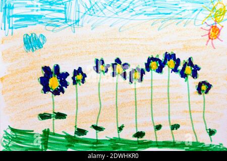 Disegno di bambino di sette anni, fiori blu nel campo. Foto Stock