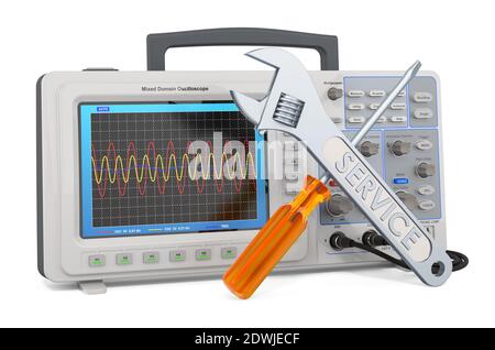 Assistenza e riparazione oscilloscopio, rendering 3D isolato su sfondo bianco Foto Stock