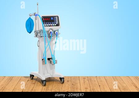 Ventilatore medico sulle tavole di legno, rendering 3D Foto Stock