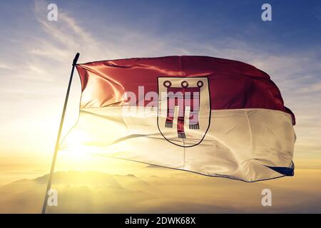 Vorarlberg, stato dell'Austria, bandiera che svetta sull'alba nebbia Foto Stock