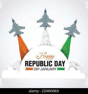 Happy Republic Day India Concept con illustrazione vettoriale di aerei da combattimento e colori della bandiera indiana, con sfondo bianco. Illustrazione Vettoriale