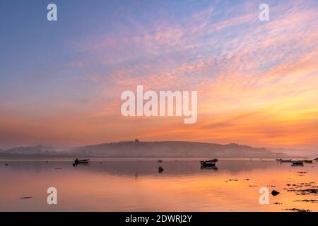 Dopo una fredda notte nel Devon del Nord, la nebbia sorge da un tranquillo fiume Torridge, con i colori pastello dell'alba che si riflettono nell'estuario in uscita ti Foto Stock