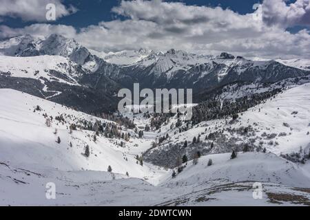 Dolomiti Italiane, con Passo Sella, Passo Gardena, Passo Costalunga Foto Stock