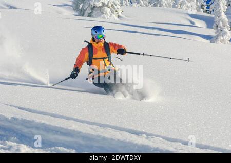 Freerider femminile nella neve in polvere Foto Stock