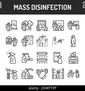 Set di icone della linea di colori per disinfezione di massa. Elemento vettoriale isolato. Illustrazione Vettoriale