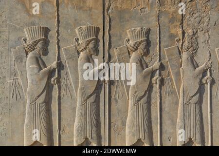 Bassorilievo sul muro delle rovine del Persepolis a Shiraz, Iran. La capitale cerimoniale dell'Impero Achemenide. Patrimonio dell'umanità dell'UNESCO Foto Stock