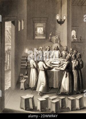 Preparazione per l'ultima cena, nuovo Testamento, incisione in acciaio 1853, restaurata digitalmente Foto Stock