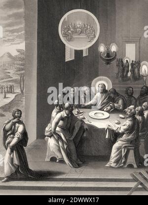 Judas Iscariot si ritirò dall'ultima cena, nuovo Testamento, incisione in acciaio 1853, restaurata digitalmente Foto Stock