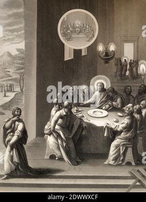 Judas Iscariot si ritirò dall'ultima cena, nuovo Testamento, incisione in acciaio 1853, restaurata digitalmente Foto Stock