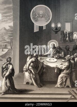 Judas Iscariot si ritirò dall'ultima cena, nuovo Testamento, incisione in acciaio 1853, restaurata digitalmente Foto Stock